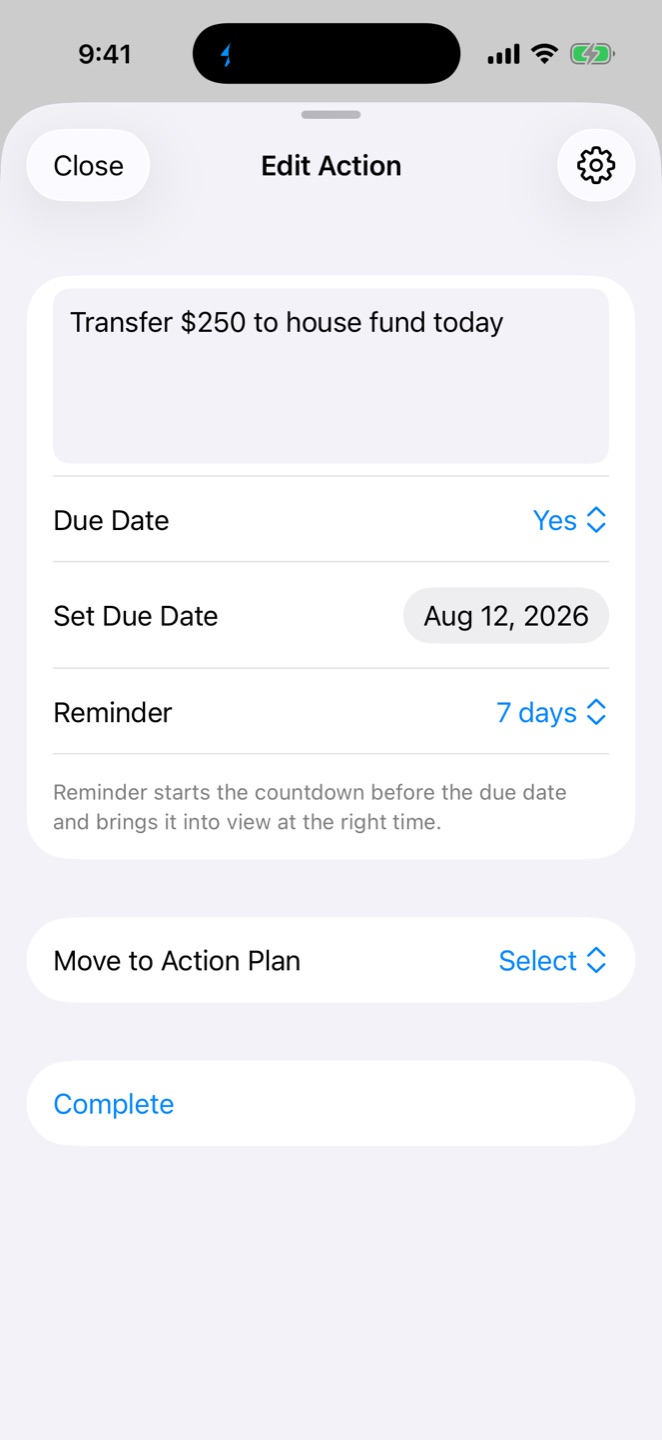 Loom action editor showing due date, reminder, and Move to Action Plan controls using fictional demo data