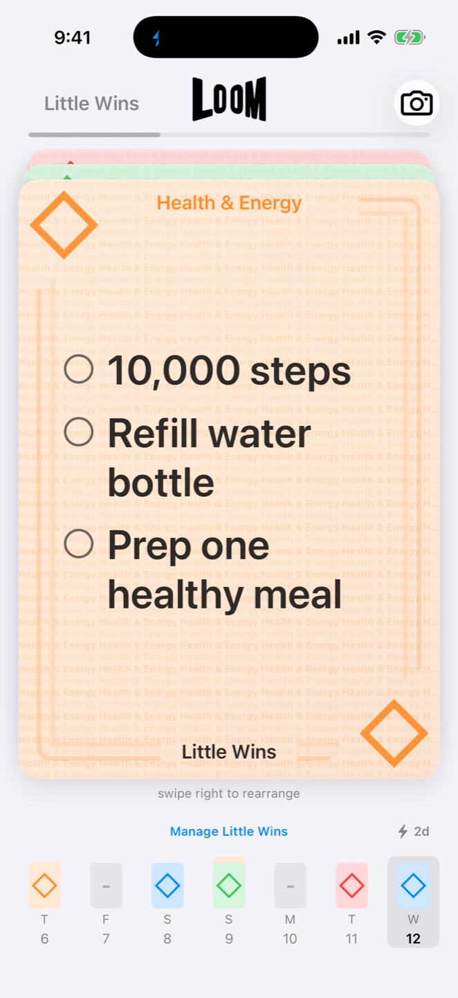 Loom Little Wins screen showing three repeatable Health and Energy actions and a seven-day progress strip