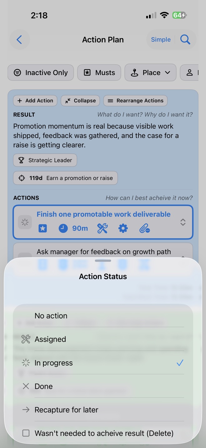 Loom Action Plan screen showing a desired result, connected Goal, and finite actions